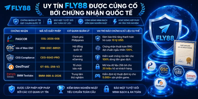 Uy tín FLY88 được củng cố bởi chứng nhận quốc tế 